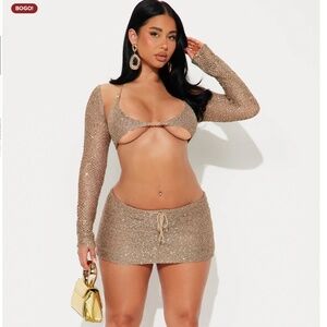 Fashion Nova Ariel Crochet 3 Piece Skirt Set - Gold